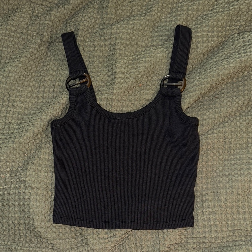TopShop Black Ribbed Tank Top with Buckle Straps